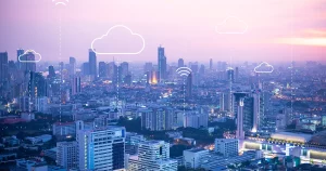 a city with clouds in the sky